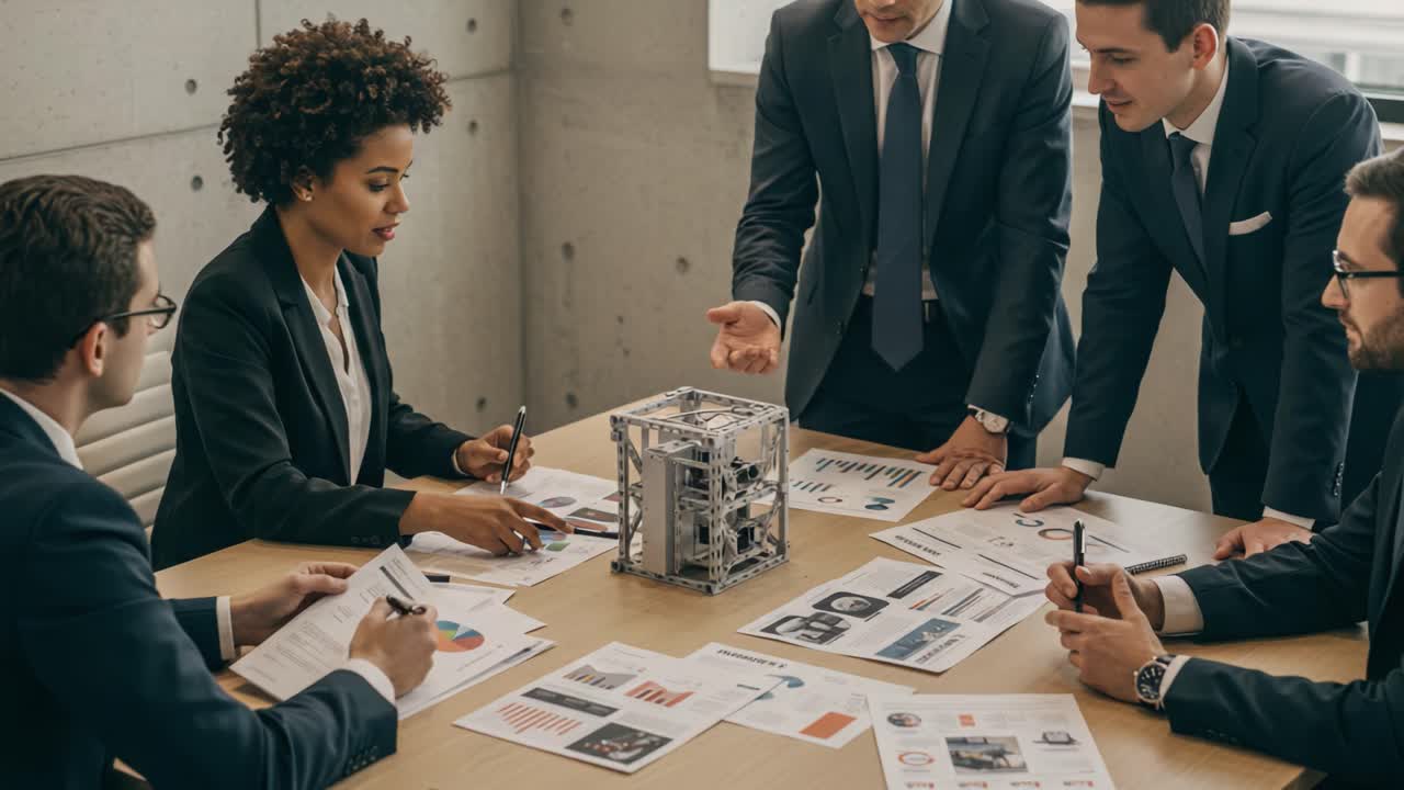 Business Team Engaged in Strategic Discussion Around a Robotics Project with Data Analysis and Prototypes on the Table in a Modern Office Environment