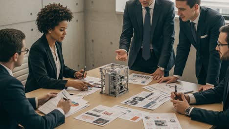 business team engaged in strategic discussion around a robotics project with data analysis and prototypes on the table in a modern office environment
