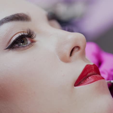 cosmetic artist applying permanent makeup on lips. cosmetology procedure. professional tattooist making permanent make up to a girl. close-up.