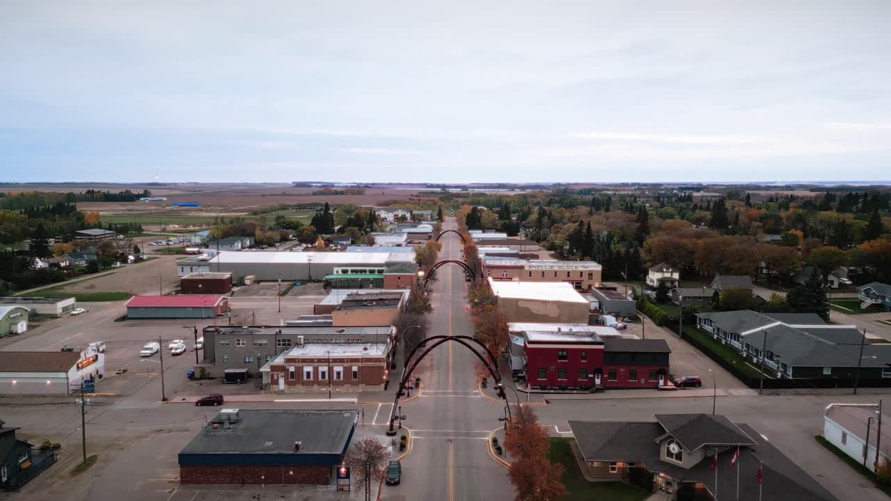 A Wide Angle Drone Shot of the Northern Canadian Landscape a Small Rural Town Skiing Fishing Village Main Street View Arches in Asessippi Community in Binscarth Russell Manitoba Canada
