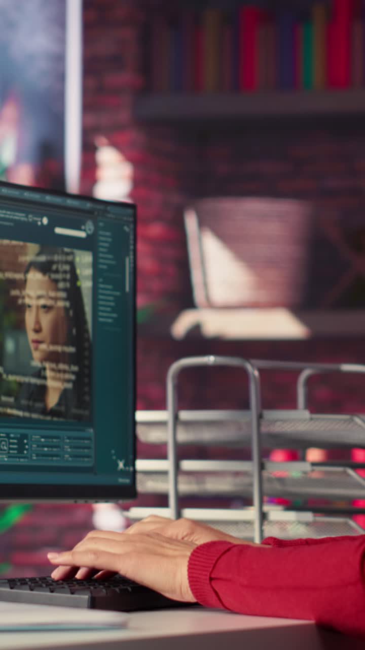 Vertical Video Software developer at home office coding on desktop using AI powered script