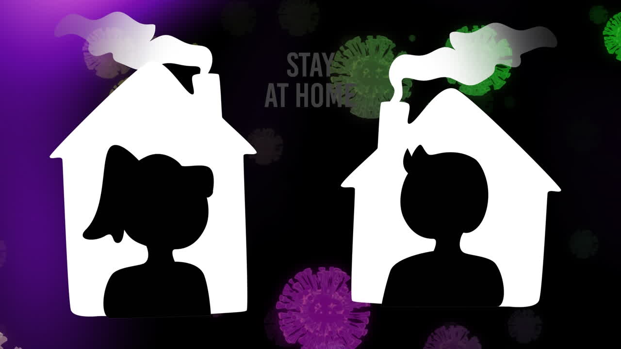 집 안의 사람들에게 퍼지는 코로나바이러스 코로나19 세포의 애니메이션 사회적 거리두기