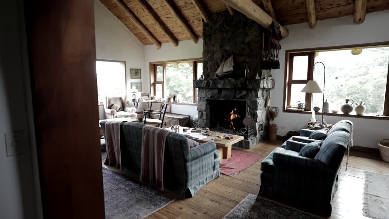 Warm cozy fireplace living room area Patagonia Argentina
