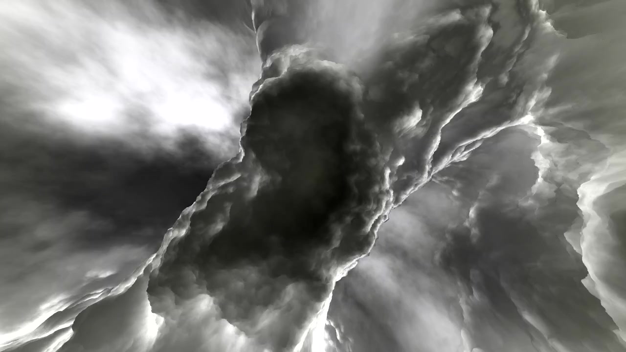 Un tornado stilizzato forma un potente vortice di nuvole temporalesche scure con illuminazione ad alto contrasto e rapida rotazione, presentando un fenomeno meteorologico drammatico per effetti visivi e montaggio creativo