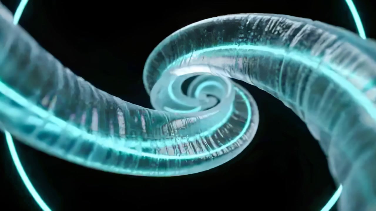 Rotating clear spiral tube moving into vortex, camera orbiting, revealing cyan seam and neon arc