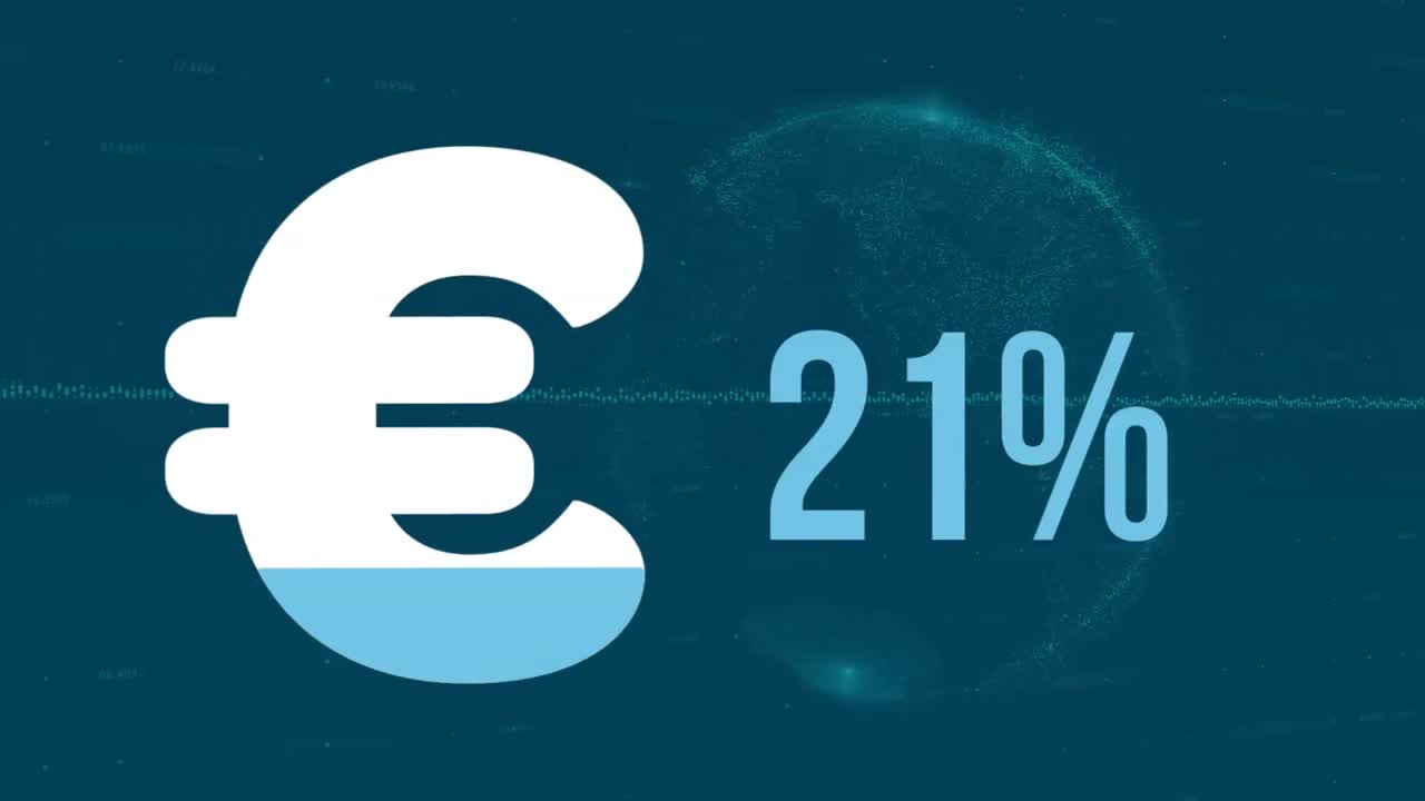 Animation af eurosymbol med voksende tal over globus