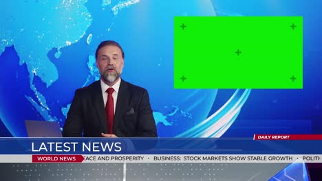 live news studio with handsome male newscaster reporting on a story, uses green chroma key screen placeholder copy space.television newsroom channel with professional presenter, anchor talking