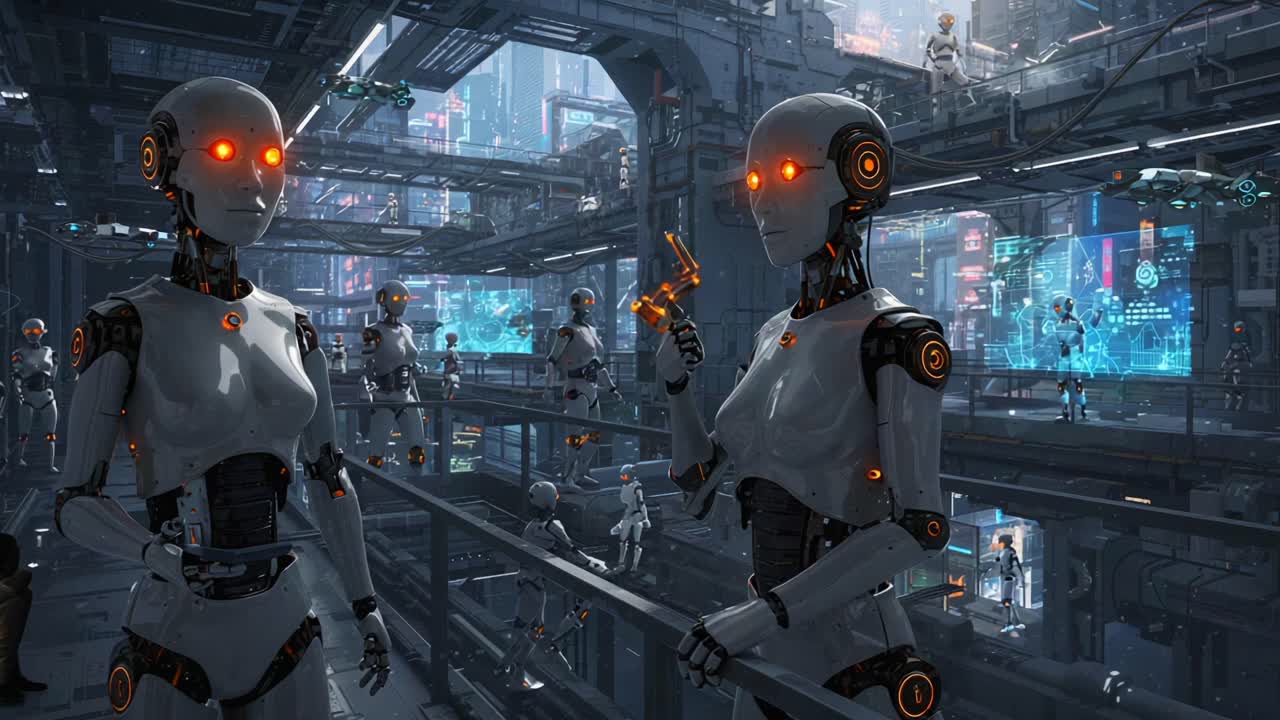 Futuristic Scene Featuring Advanced Robots in a High-Tech Environment Engaged in Communication Amidst a Neon Cityscape with Digital Interactions and Enhanced Features