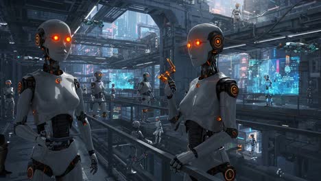 futuristic scene featuring advanced robots in a high-tech environment engaged in communication amidst a neon cityscape with digital interactions and enhanced features