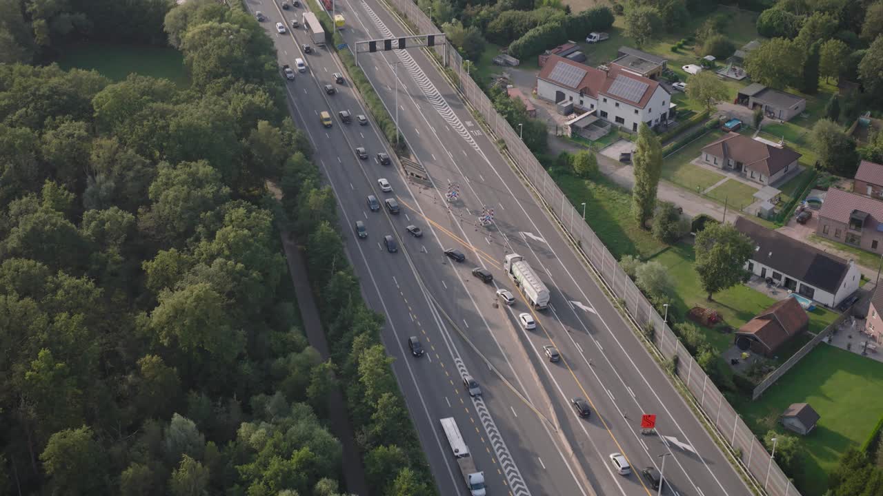 Lane splitting due to construction work in Belgium, aerial view