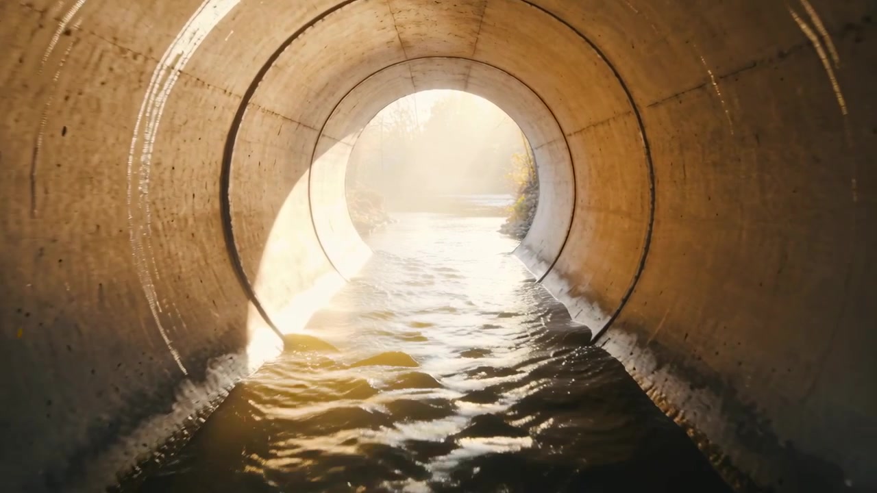 Kamera fährt vorwärts, während Sonnenstrahl wächst, enthüllt Durchlass mit fließendem Wasser, Nähten, Ufer.