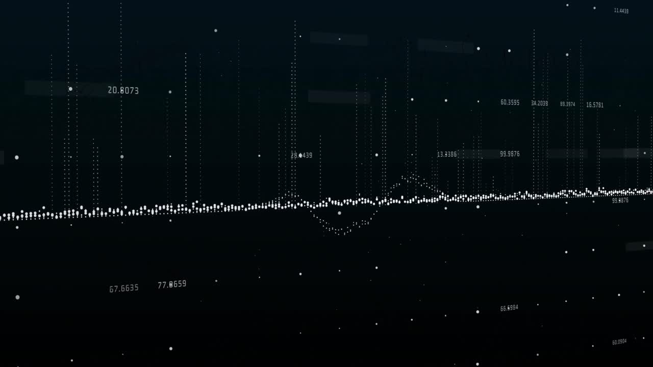 Animation of multiple changing numbers and data processing against black background