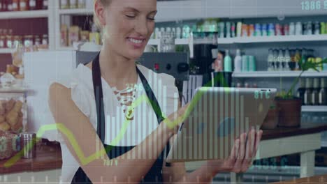 animación del procesamiento de datos sobre una mujer caucásica usando una tableta