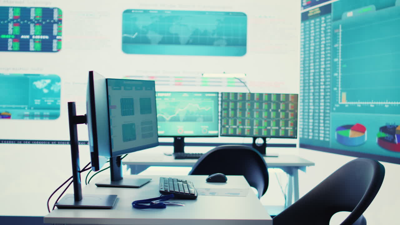 Multinational company headquarters office with a big data screen