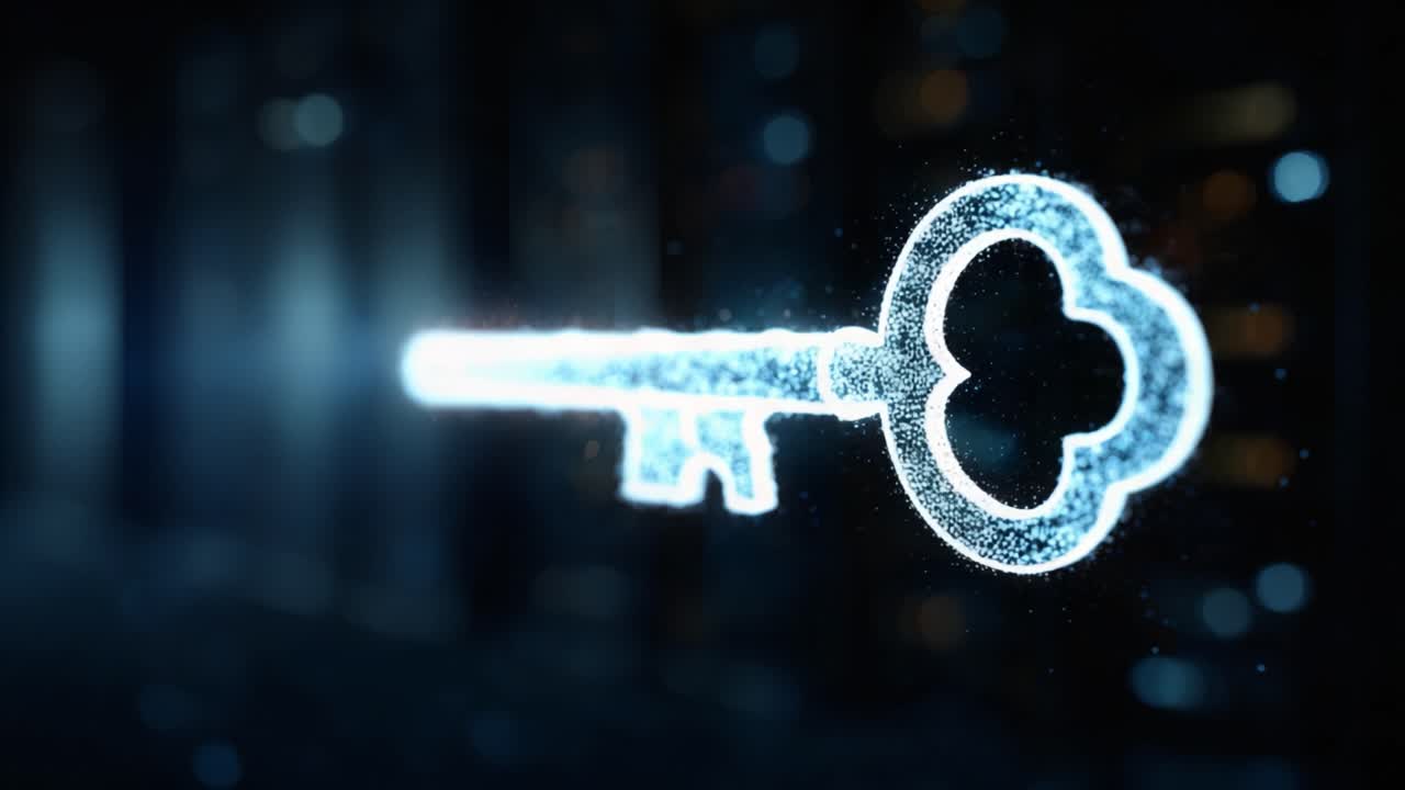 A Glimmering Key Emerges, Sparkling with Digital Light and Energy, Symbolizing Unlocking Potential in a Connected World of Data and Technology Innovation