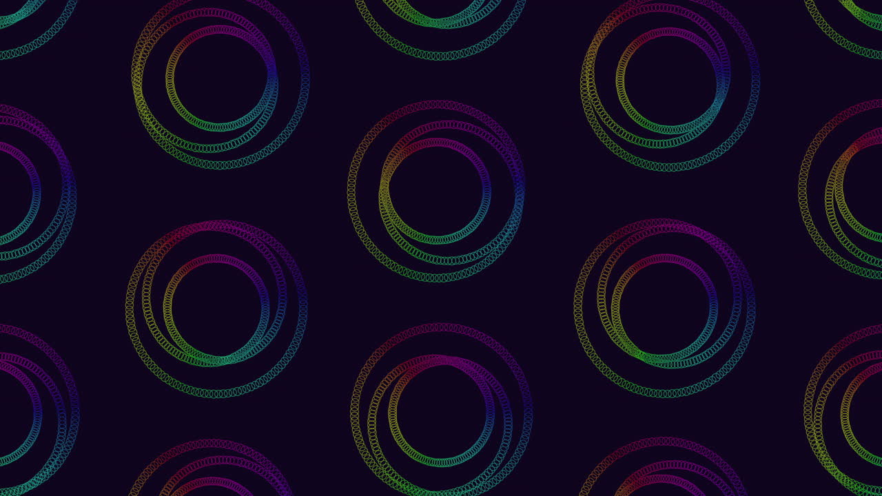 A vibrant and symmetrical pattern of colorful circles overlapping in a circular arrangement on a black background, creating a visually captivating and versatile design element