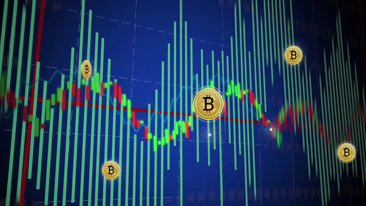 animación de signos de bitcoin, procesamiento de datos digitales sobre la pantalla