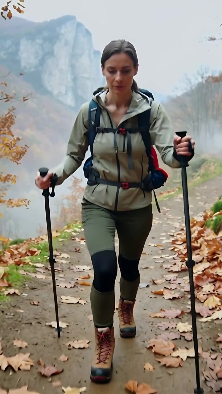 Video verticale: Donna escursionista che cammina con giacca con cappuccio, usando bastoncini da trekking, avvicinandosi all'obiettivo sul sentiero, con zaino.