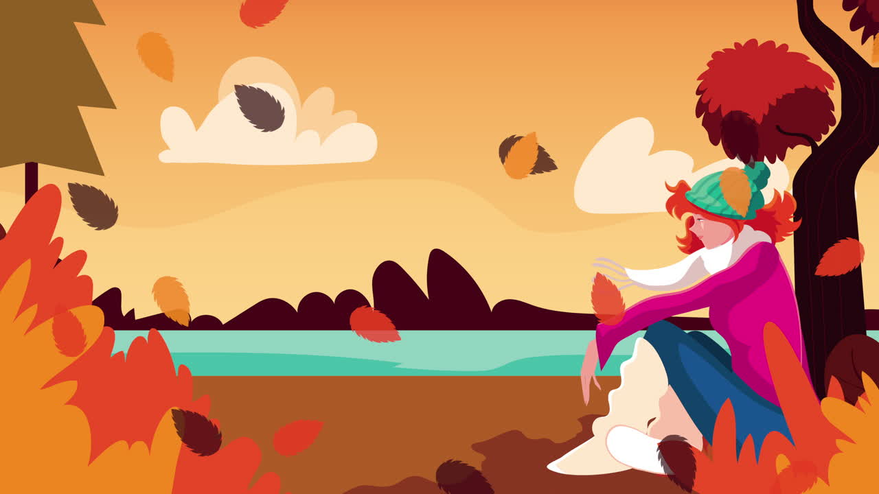 mujer sentada junto a un lago en otoño