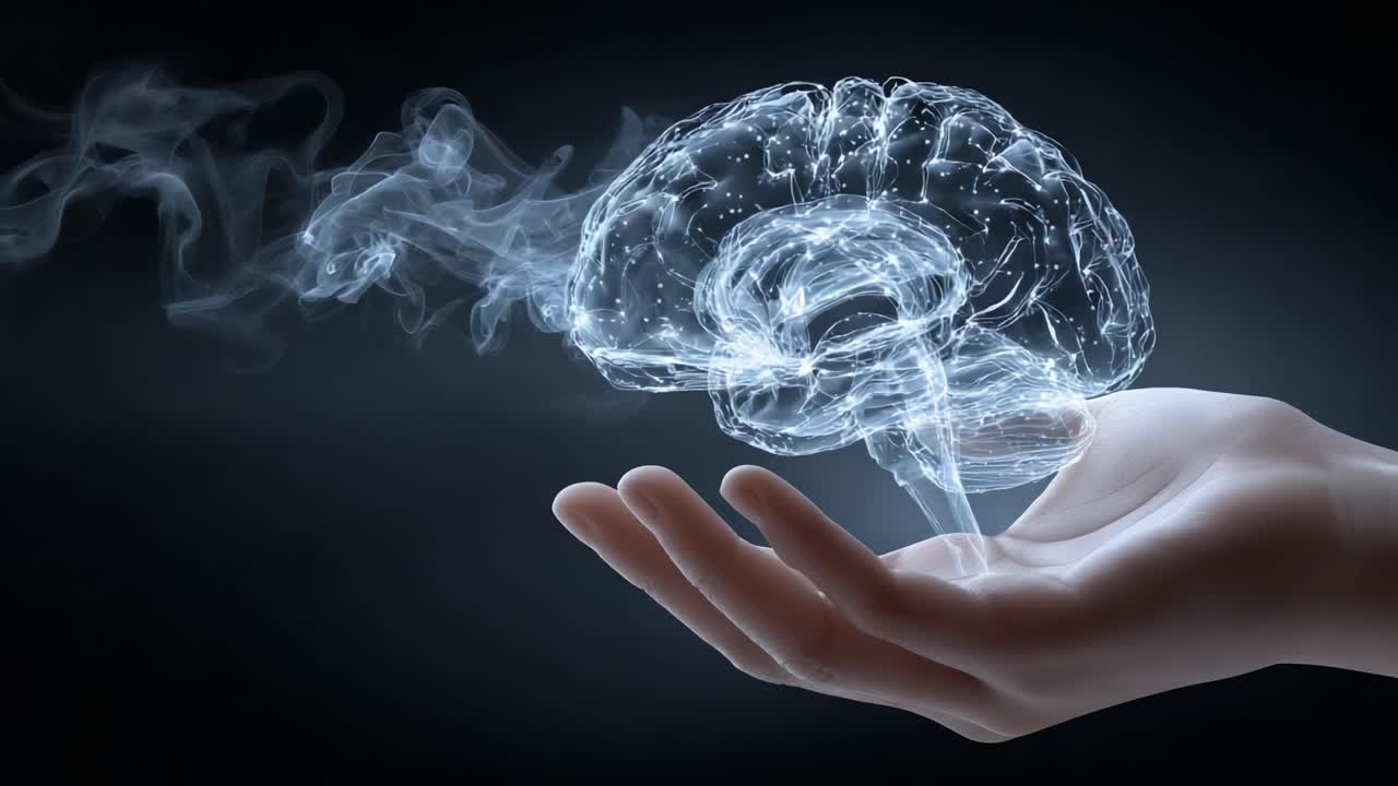 A Captivating Visualization of the Human Brain, Surrounded by Ethereal Smoke, Emanating from an Outstretched Hand, Symbolizing Thought, Intellect, and Creativity