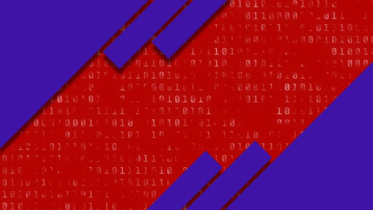 Animation of blue shapes over binary coding data processing against red background