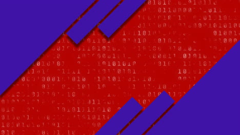animación de formas azules sobre procesamiento de datos de codificación binaria contra un fondo rojo