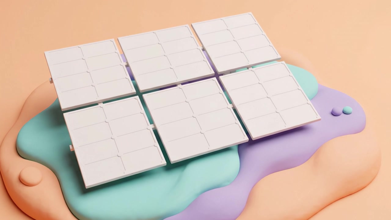 Installazione innovativa di pannelli solari che dimostra soluzioni di energia pulita su una superficie morbida e colorata, fondendo tecnologia moderna e design artistico.