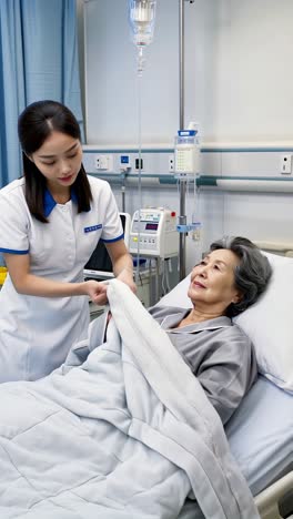 a woman in a hospital bed is being helped by a nurse