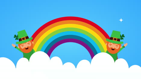 tarjeta animada del día de san patricio con elfos en el arco iris