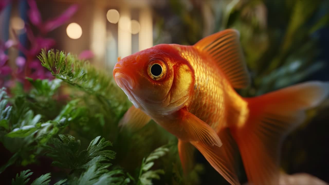Close-up de um peixinho dourado vibrante nadando graciosamente em meio a exuberantes plantas aquáticas verdes em um aquário lindamente iluminado, mostrando suas cores e características impressionantes
