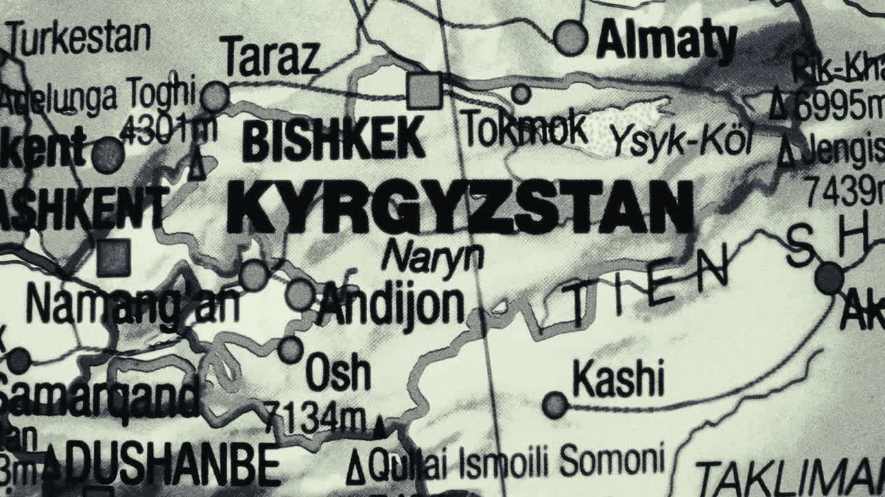 A close-up map showing Kyrgyzstan and surrounding Central Asian countries