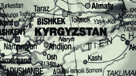 a close-up map showing kyrgyzstan and surrounding central asian countries