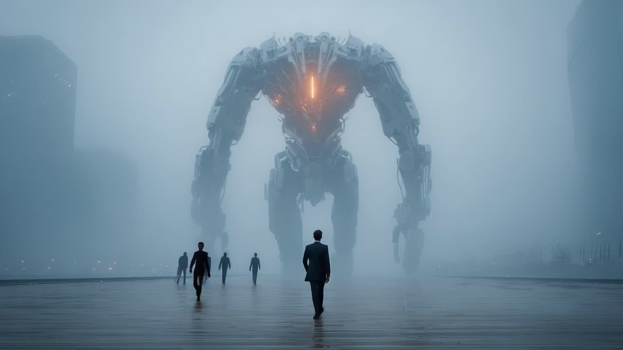 Team of businessmen walking toward a giant menacing robot emerging from the thick fog in a dystopian city, representing a powerful technological challenge or a threat to humanity