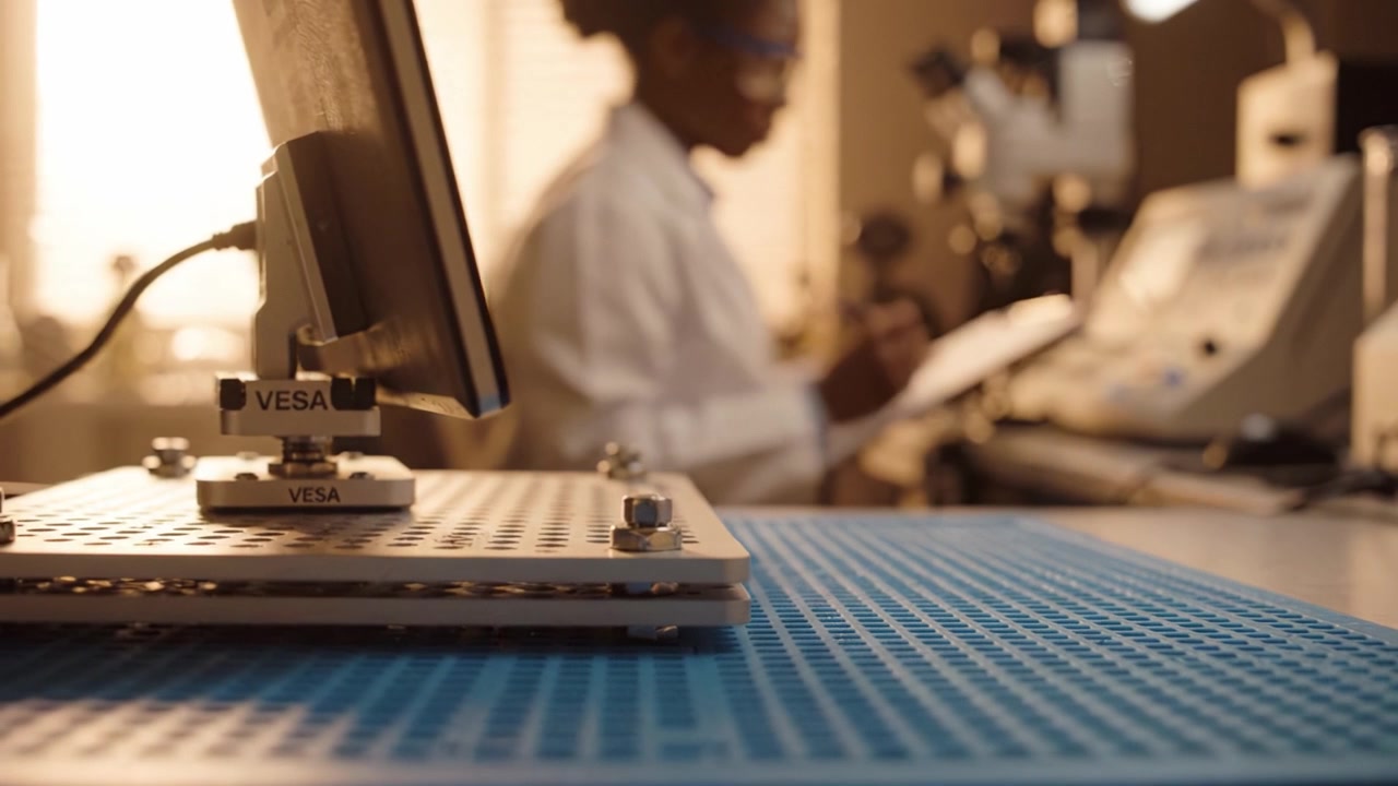 Scena di ricerca in laboratorio con uno scienziato impegnato in sperimentazione e analisi con attrezzature high-tech e strumenti avanzati sotto una luce soffusa