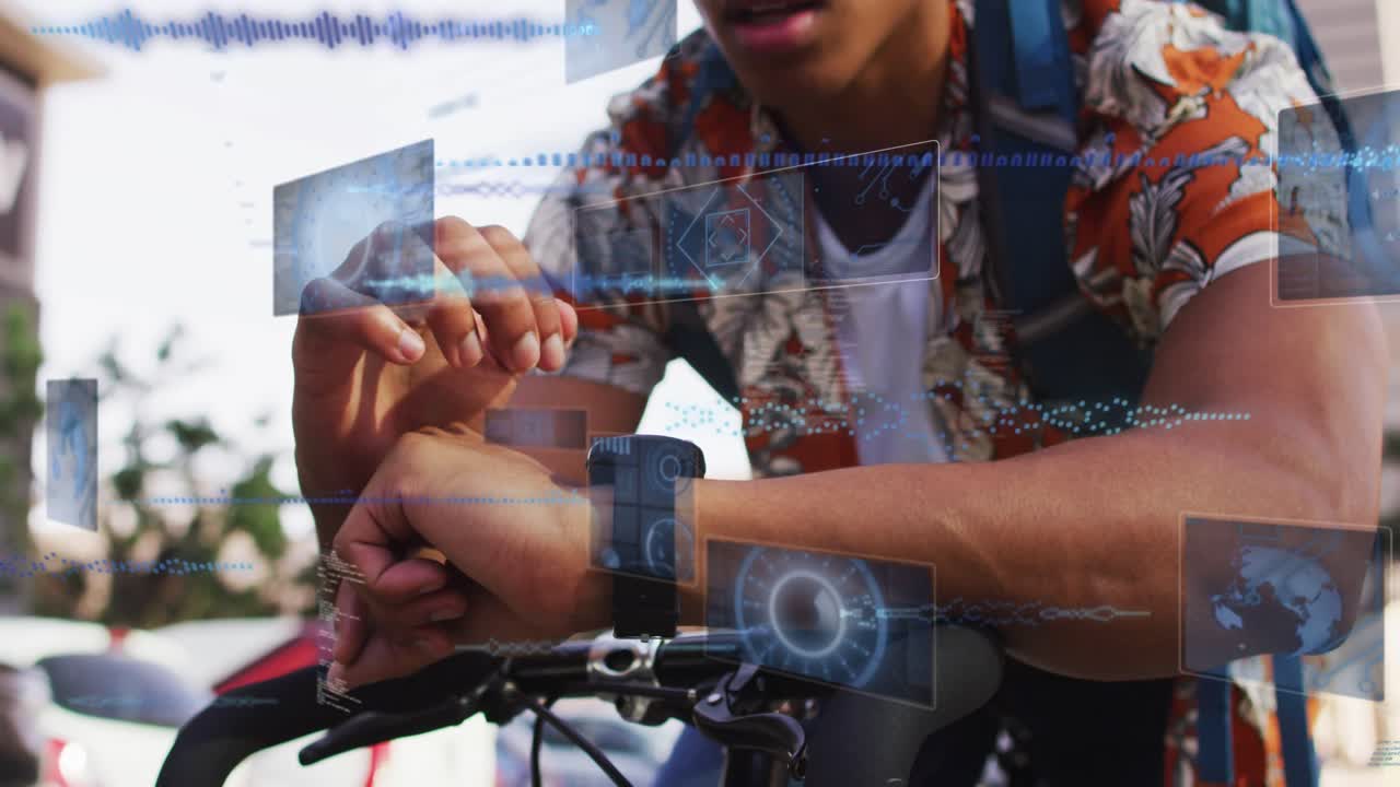 Cyclist leaning on handlebars, tapping smartwatch to check fitness data, AR gauges expanding