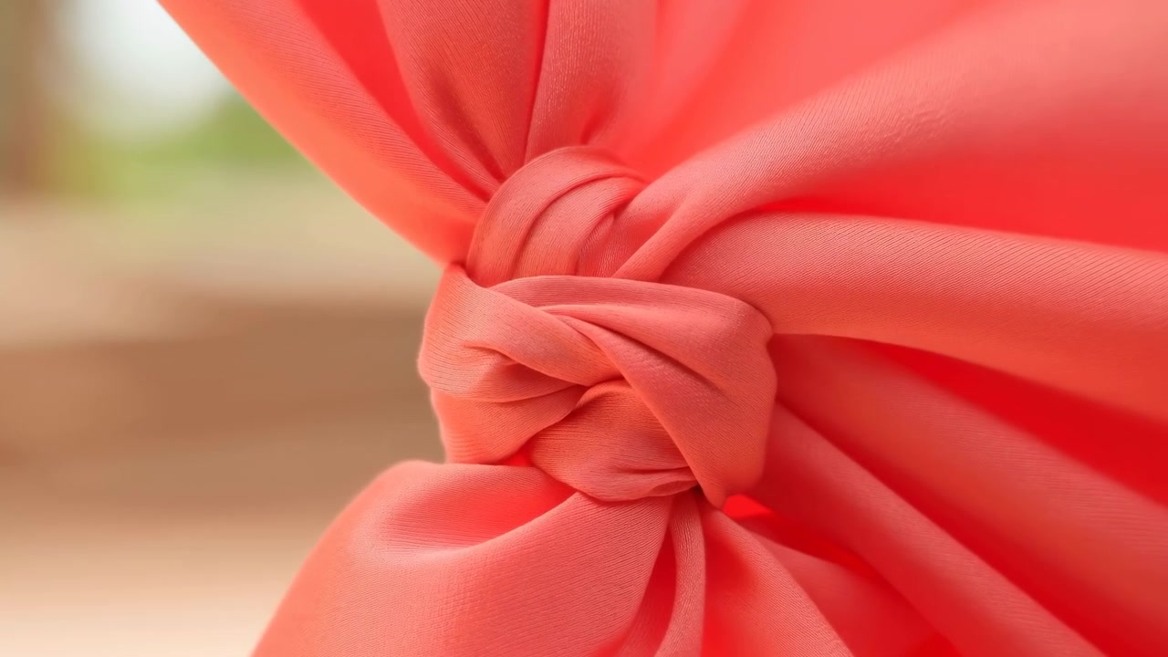 Vista macro obliqua di nodi di tessuto rosa corallo che si stringono in un grappolo compatto e avvolto, con luce soffusa e diffusa, pieghe fitte, increspature curve, trama tessile liscia e una composizione astratta raffinata.