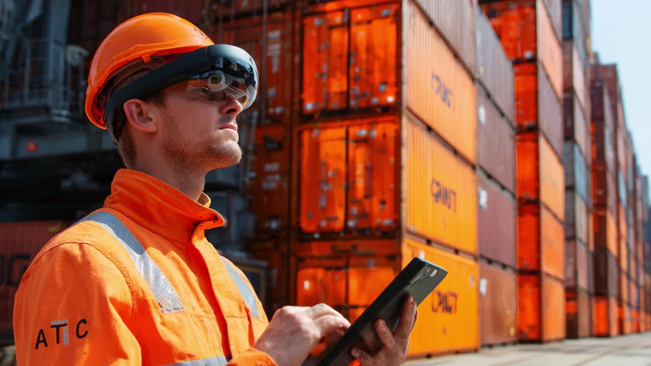 A focused worker in an orange safety jacket utilizes smart glasses and a tablet to oversee operations at a busy shipping yard, surrounded by towering containers and logistics equipment