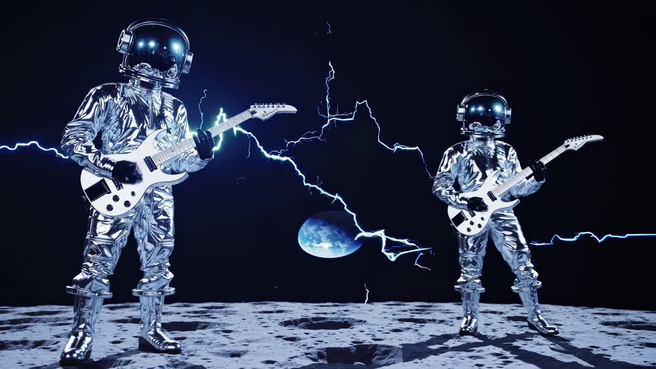 두 명의 우주 비행사가 달 표면에서 전기 기타를 연주하고 있으며, 배경에는 번개가 박이고 멀리서 행성이 보인다.