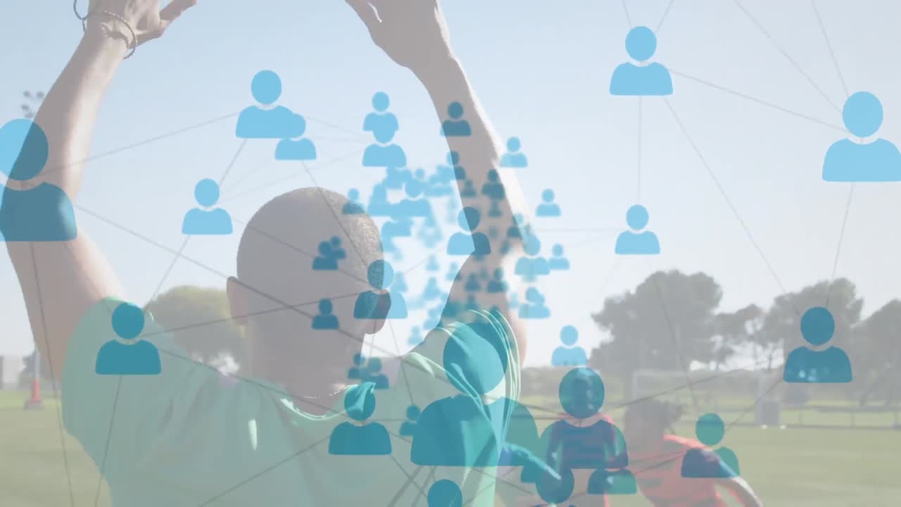 축구 선수들이 연습하는 사람들과의 연결 네트워크의 애니메이션 아이콘