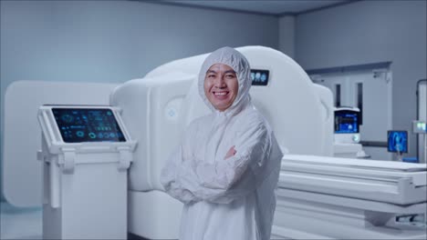 side view of asian male scientist crossing his arms and smiling with mri machine in the hospital