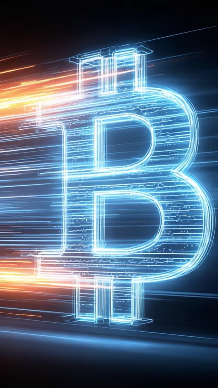 Representação dinâmica de criptomoeda: um logo brilhante de Bitcoin em movimento com linhas de velocidade que simbolizam transações digitais e inovação