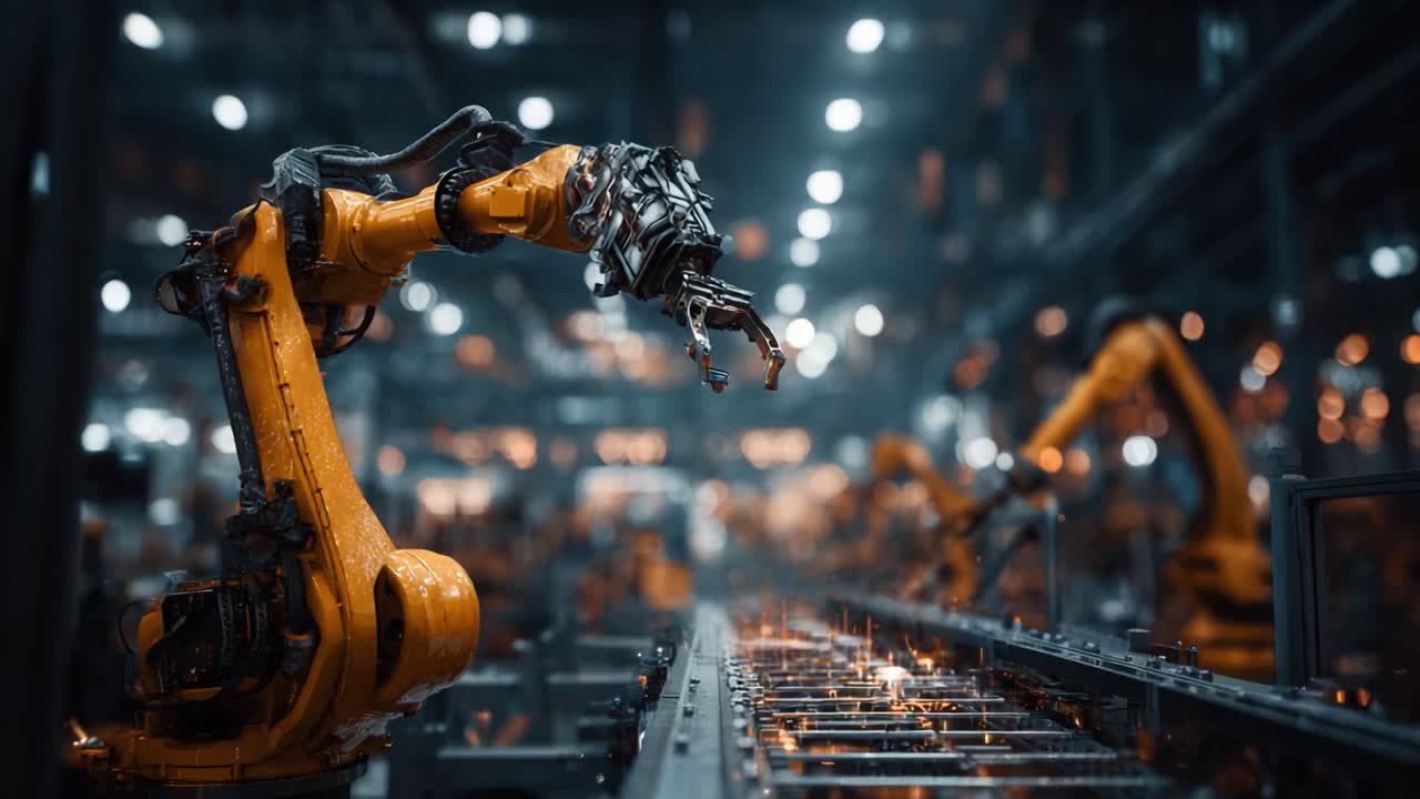 Advanced Industrial Robotics: A Showcase of Cutting-Edge Robotic Arms in Action at a Modern Manufacturing Facility, Showcasing Precision and Automation Technology
