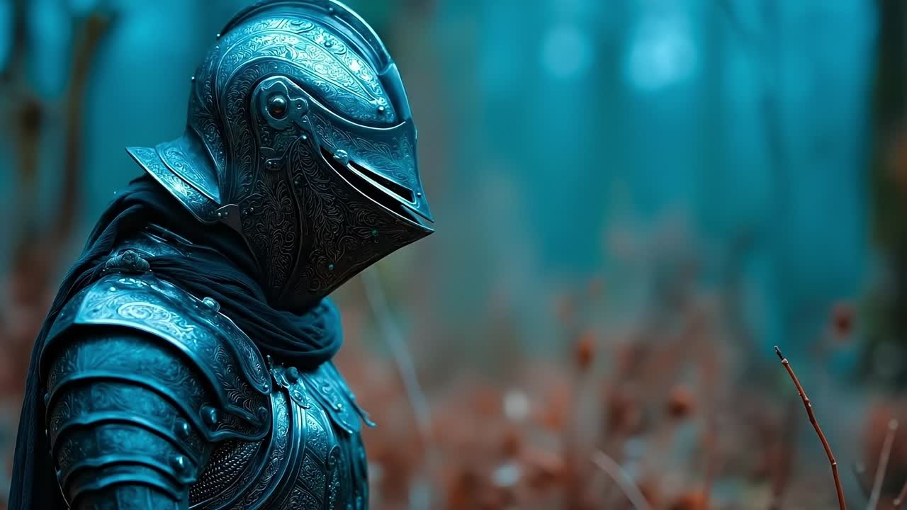 un primer plano de un caballero en armadura sosteniendo una espada