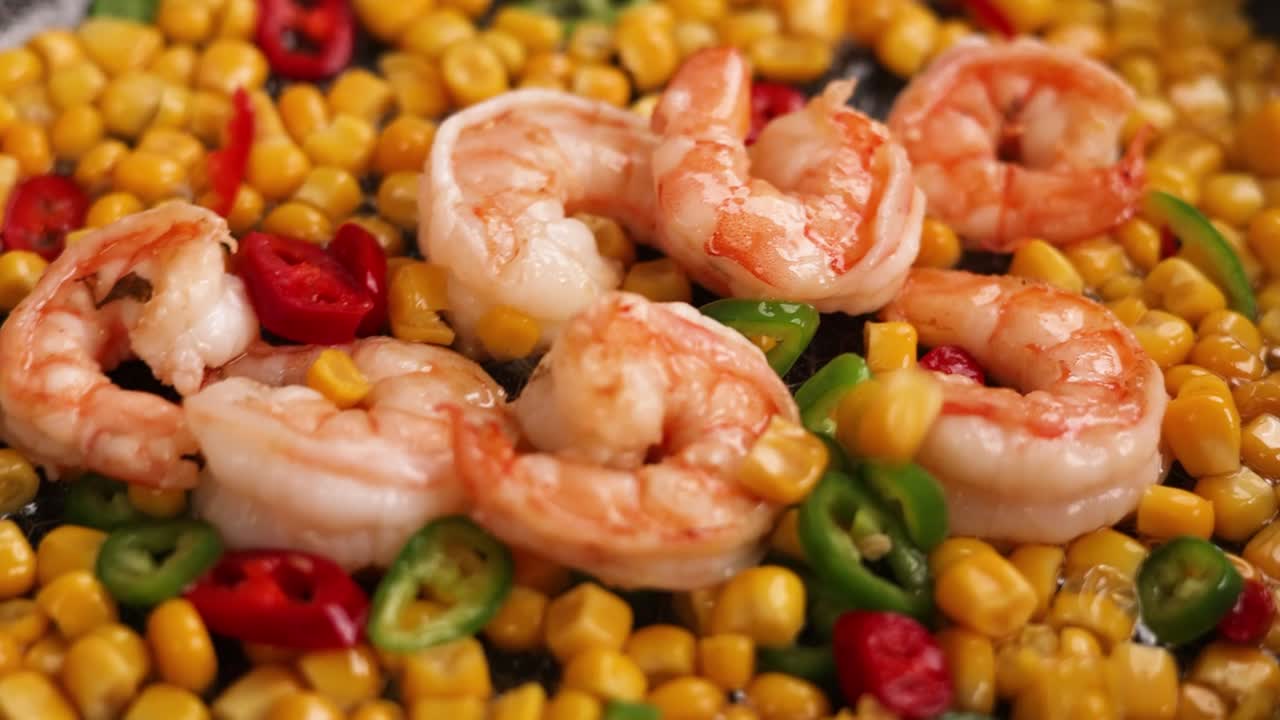 camarones fritos en la sartén con maíz y pimientos