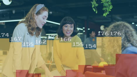 animation of statistical data processing against group of diverse colleagues discussing at office