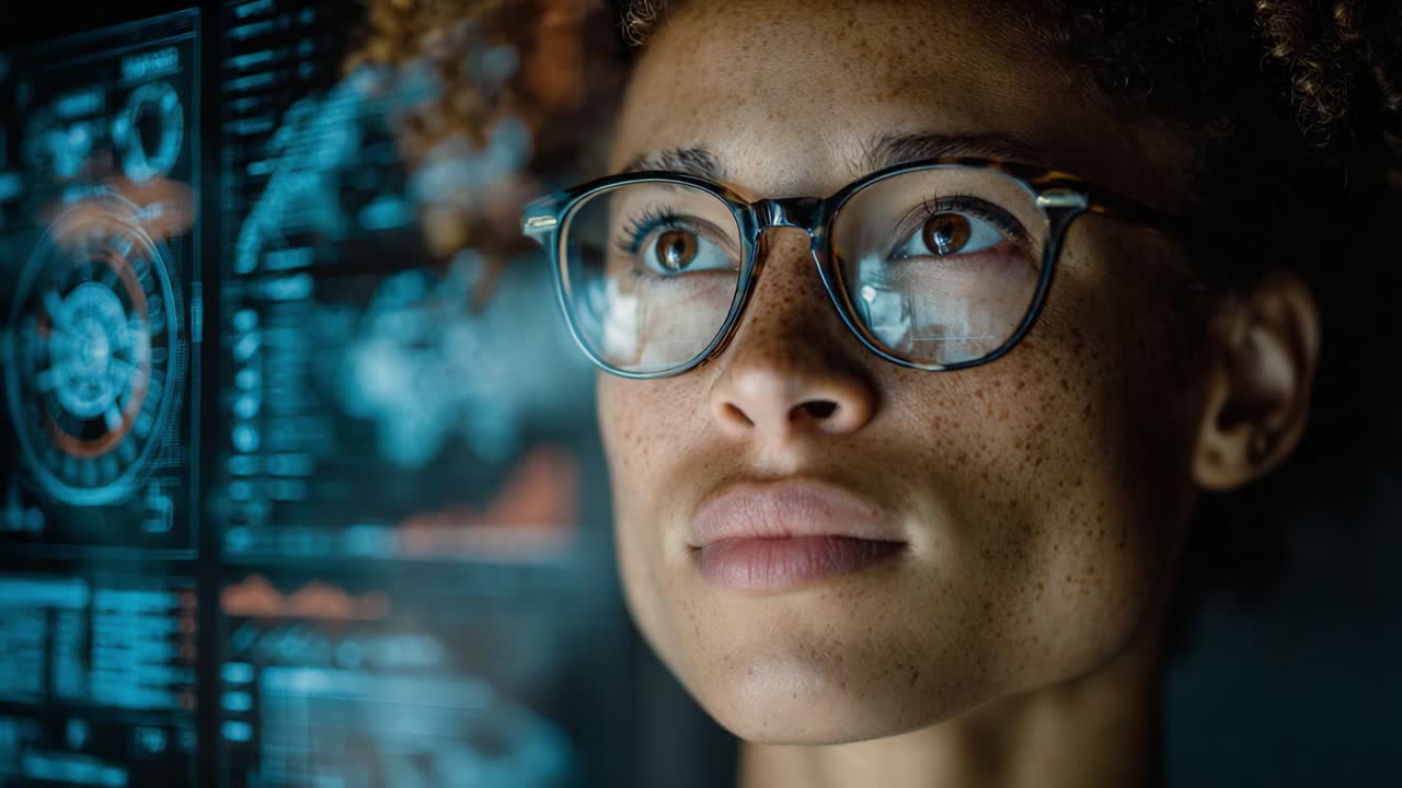 A Thoughtful Individual Analyzing Data Through Innovative Visual Displays While Emphasizing Focus and Curiosity in a Dynamic Digital Environment