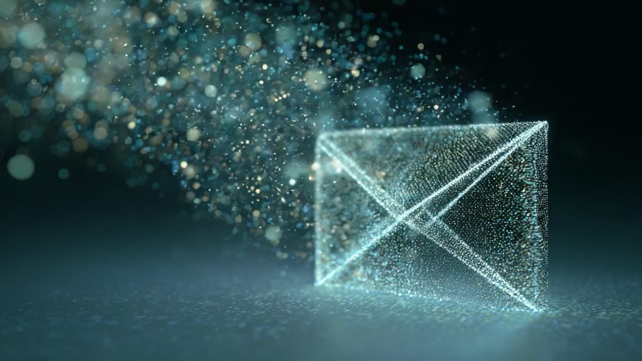 A mesmerizing digital envelope depicted with sparkling particles, symbolizing communication and the digital flow of information in a visually stunning manner, infused with glowing lights and creativity