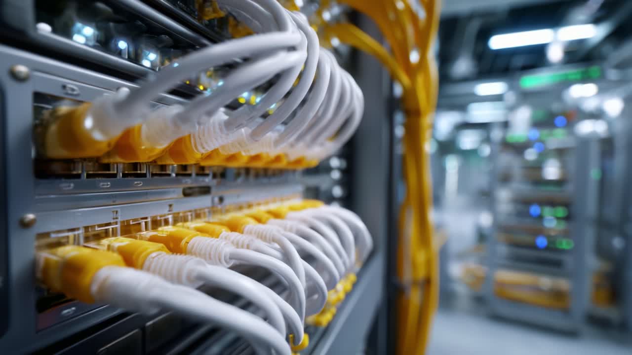 Close-up of Ethernet Cables Connected to a Network Switch in a Modern Data Center Environment Showcasing Advanced Networking Technology and Infrastructure