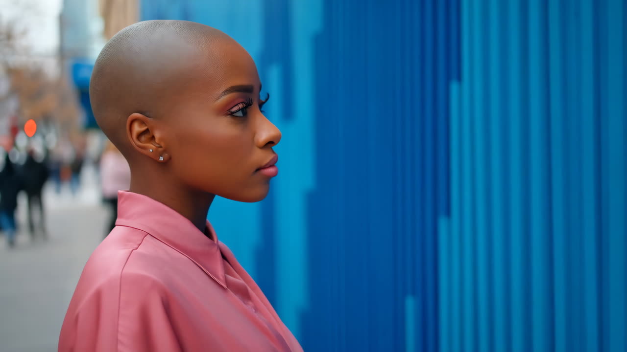Profile of a Bald Woman in a Pink Shirt Against a Blue Wall