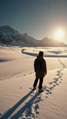 Hiker Contemplating a Snowy Mountain Landscape at Sunrise